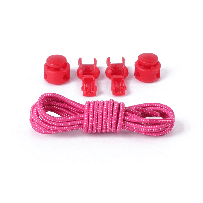 Pink elastic laces for sports shoes with red spring buckles and clips, 100cm length, no-tie convenience.